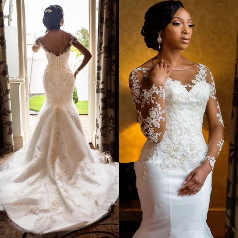 Charming Long Sleeve Lace Appliques Mermaid Round Neck Wedding Dresses-newarrivaldress