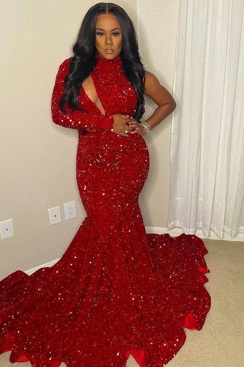 Sexy Red Sequined Mermaid Prom Dress High Neck Party Dress with One Shoulder-newarrivaldress