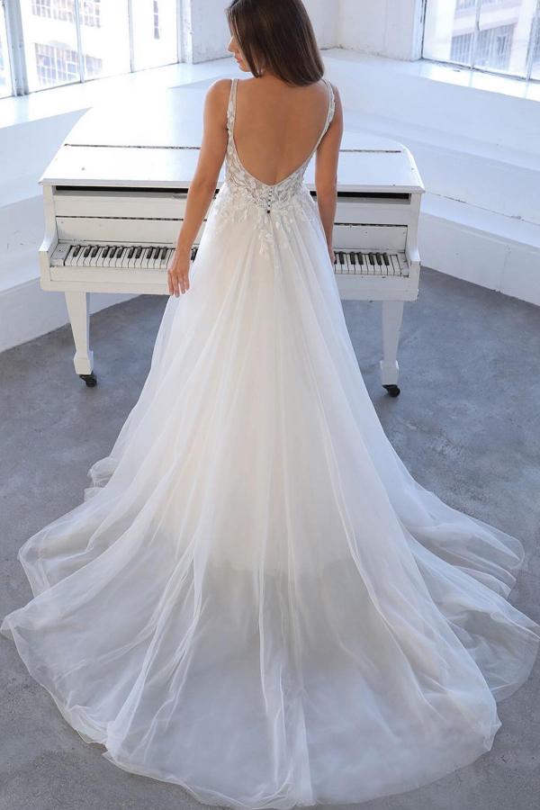 Elegant Floral lace Aline Wedding Dress Sleeveles V-neck Bridal Dress-newarrivaldress