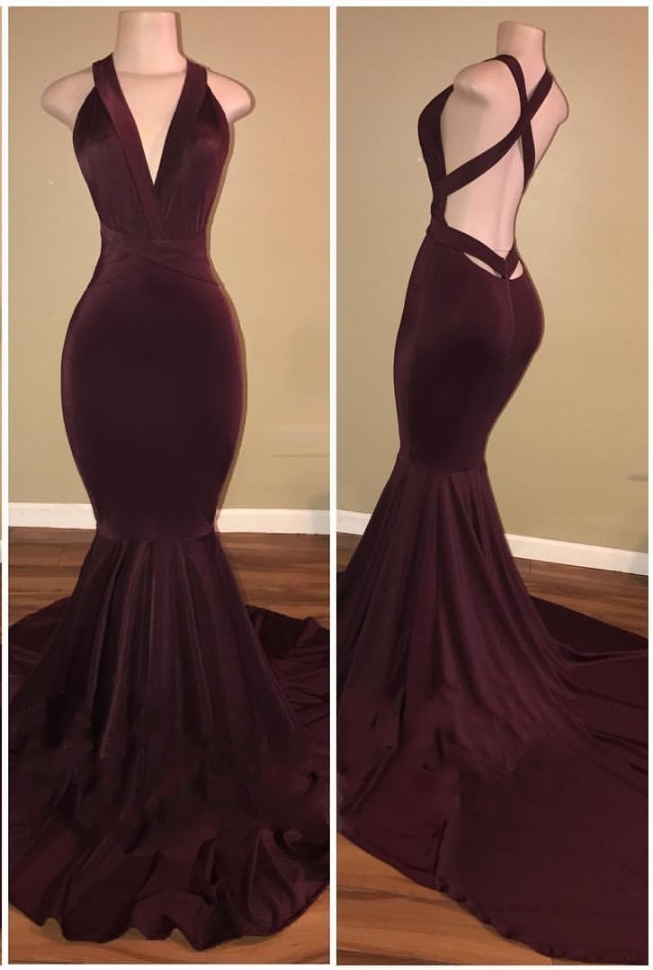 Mermaid Sleeveless Burgundy Prom Dresses | Sexy V-neck Open Back Evening Gowns-newarrivaldress