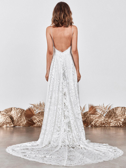 Wedding Dress Ivory V-Neck Backless Sleevelesslace Bridal Gowns With Train-newarrivaldress