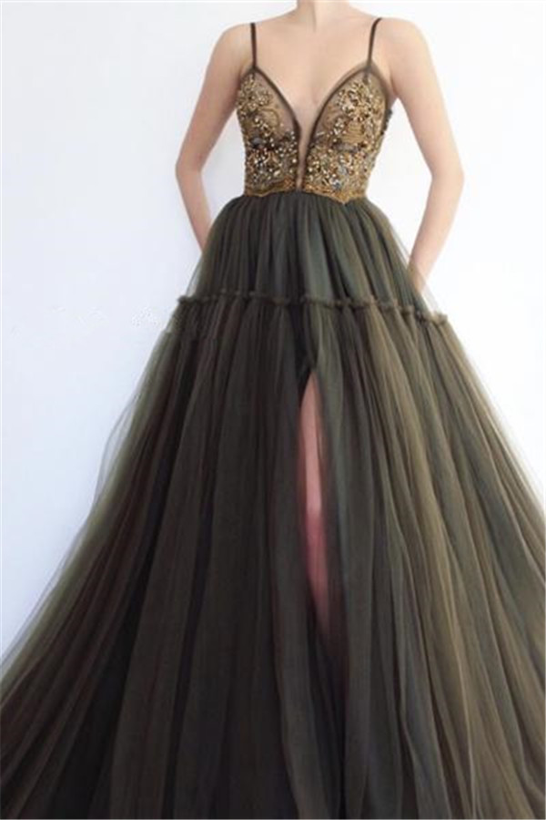 Fashion Side Slit Spaghetti Straps Tulle Evening Dresses-newarrivaldress