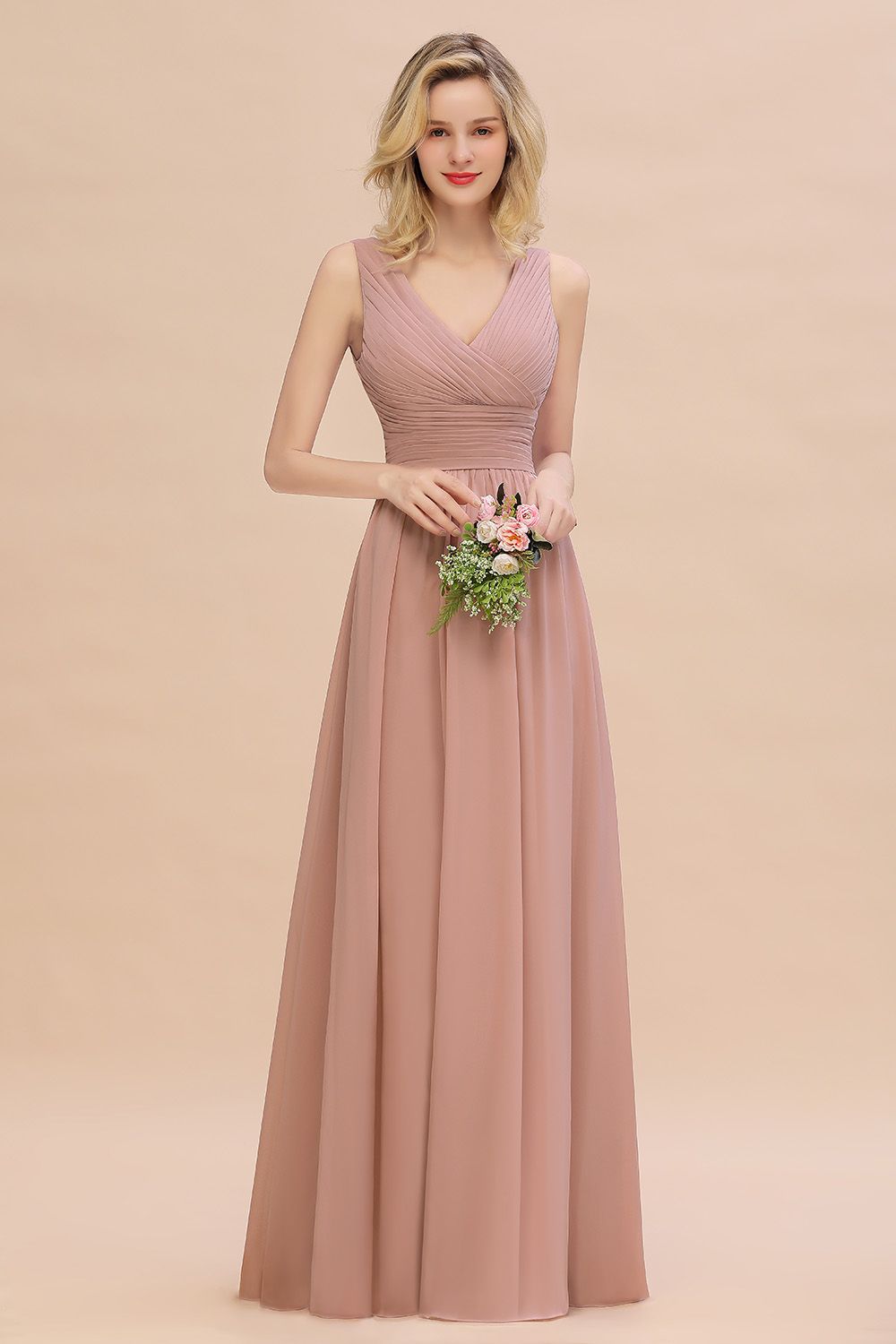 Elegant Dusty Rose Ruffle Chiffon Bridesmaid Dress Aline Sleeveless Wedding Party Dress-newarrivaldress