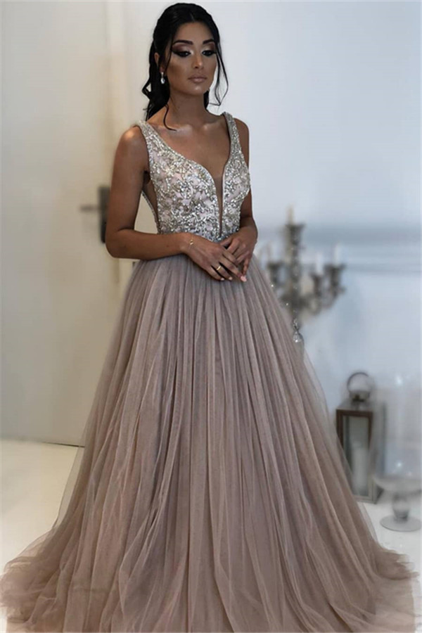 Glamorous A-line Sleeveless Applique Tulle Evening Dresses-newarrivaldress