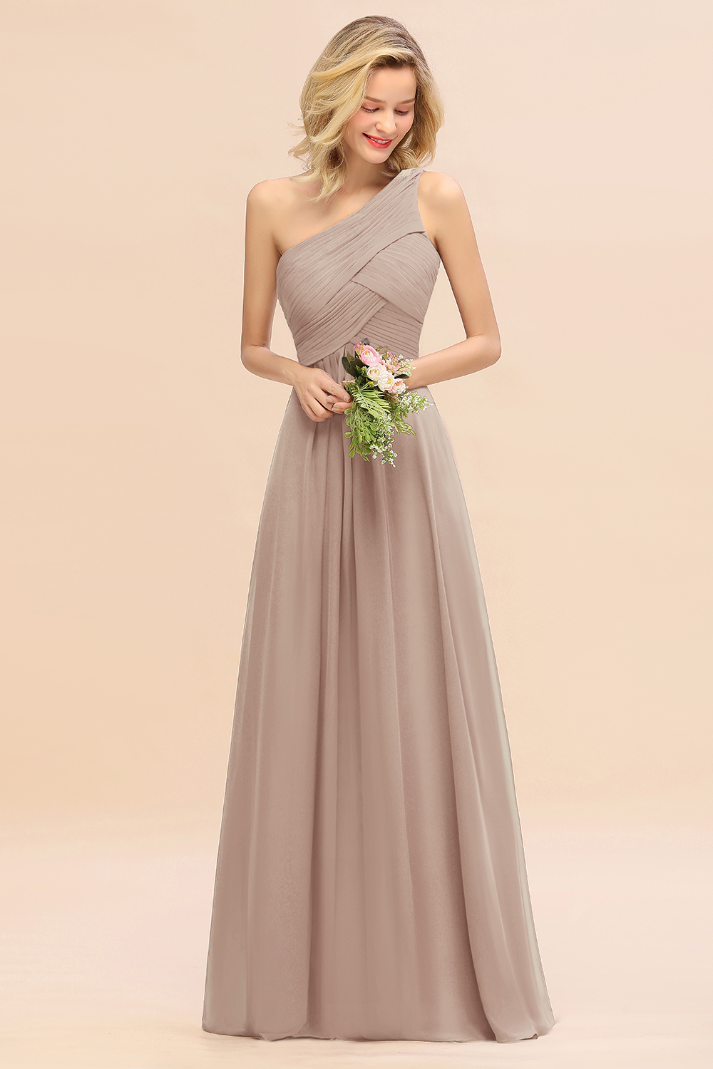 Elegant Ruched Chiffon One Shoulder Bridesmaid Dress Long Sleeveless Evening Dress-newarrivaldress