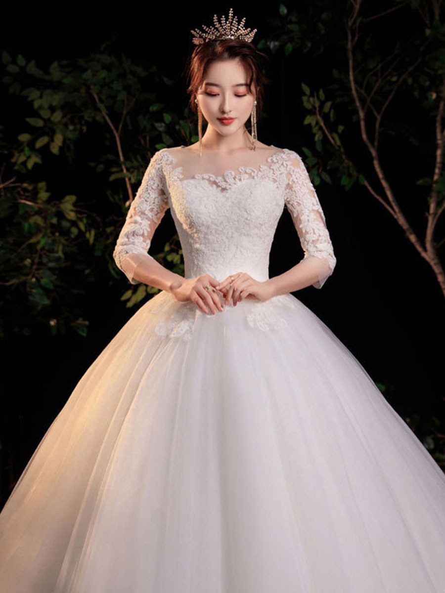 Simple Wedding Dress Eric White Ball Gown Jewel Neck Half Sleeves Applique Long Bridal Dresses-newarrivaldress