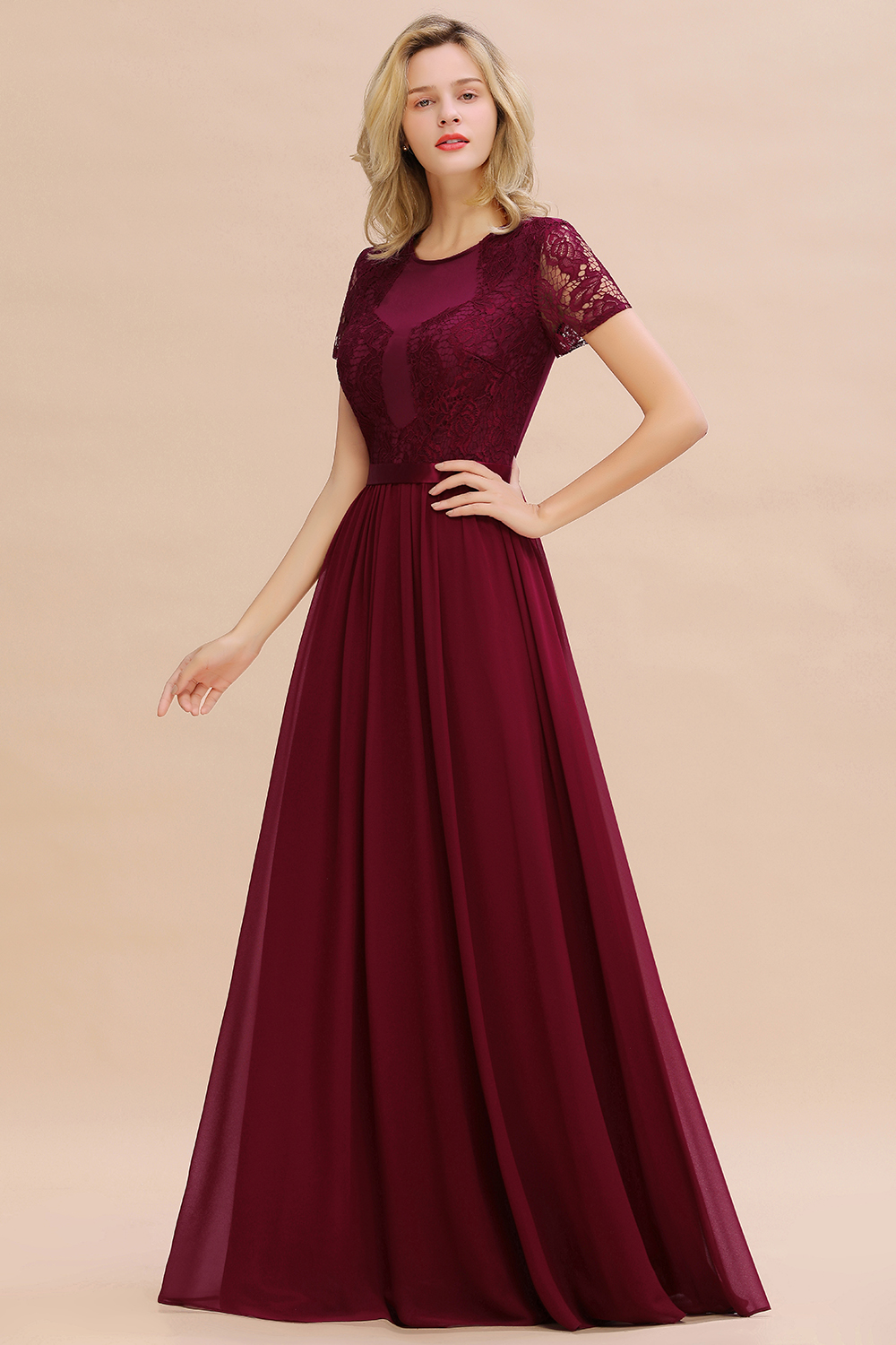 Elegant Chiffon Lace Jewel Short-Sleeves Bridesmaid Dress Floor-Length A-Line Wedding Guest Dress-newarrivaldress