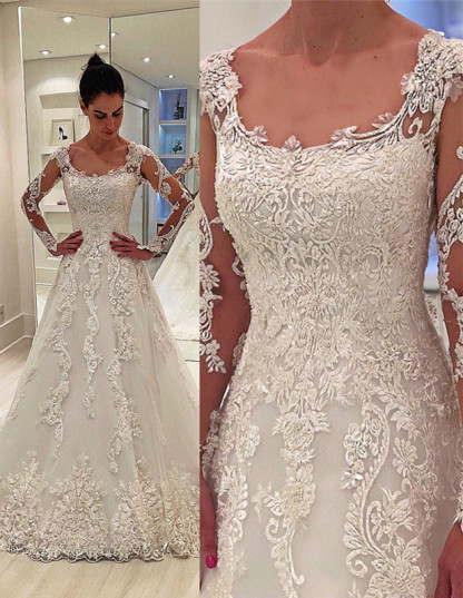 Elegant A-Line Sexy Lace Appliques Square Neck Long Sleeve Long Wedding Dresses-newarrivaldress