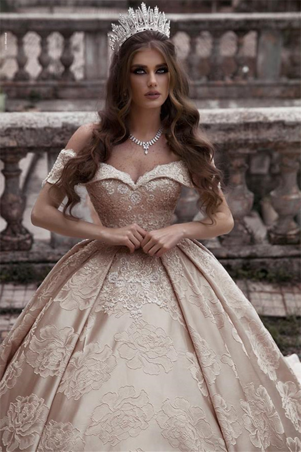 Luxury Off The Shoulder Ball Gown Wedding Dresses | Champagne Satin Bridal Gowns with Flower Appliques-newarrivaldress