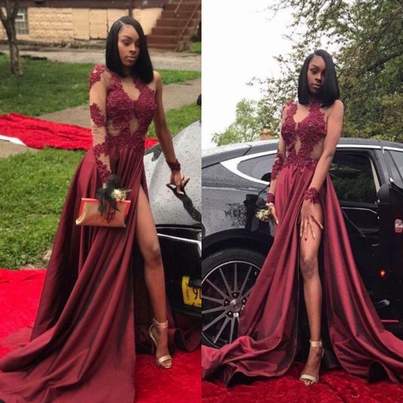 Burgundy Plus Size Long Sleeve Prom Dresses Appliques Side Slit Formal Dresses SK0107-newarrivaldress
