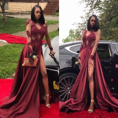 Burgundy Plus Size Long Sleeve Prom Dresses Appliques Side Slit Formal Dresses SK0107-newarrivaldress
