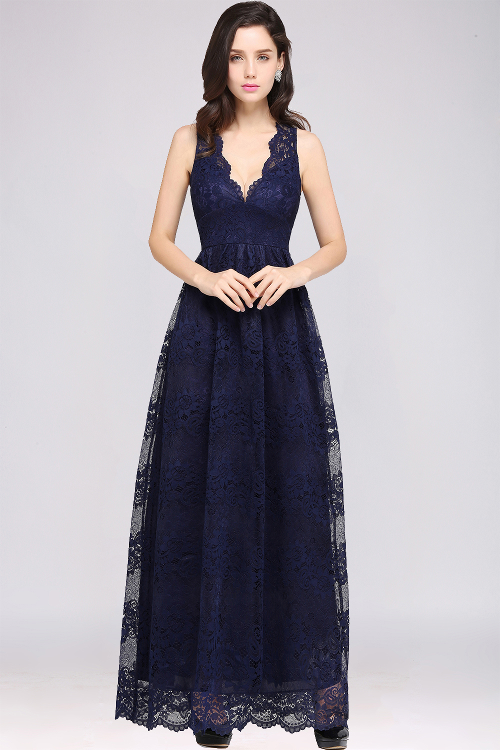 CHAYA | Sheath V-neck Floor-length Lace Navy Blue Prom Dress-newarrivaldress