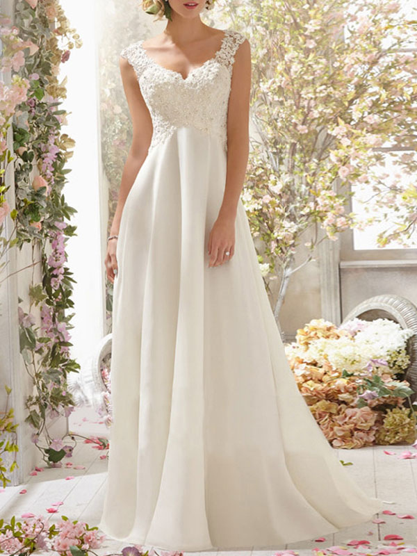 Wedding Dress A Line V Neck Sleeveless Lace Flora Beaded Bridal Dresses With Train-newarrivaldress