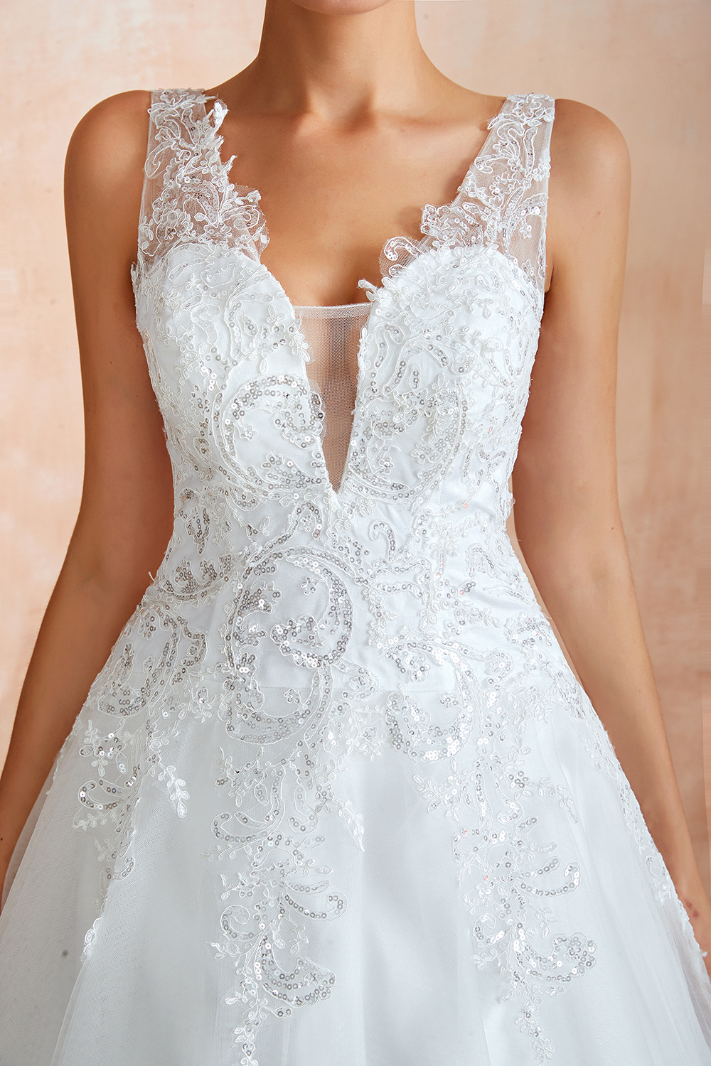 White Floral Lace Wedding Dress V-NeckTulle Aline Bridal Dress-newarrivaldress