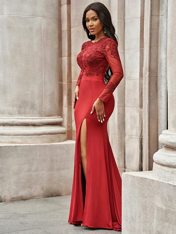 Charming Red Mermad Side Slit Evening Dress with Sleeves Floral Lace Appliques-newarrivaldress