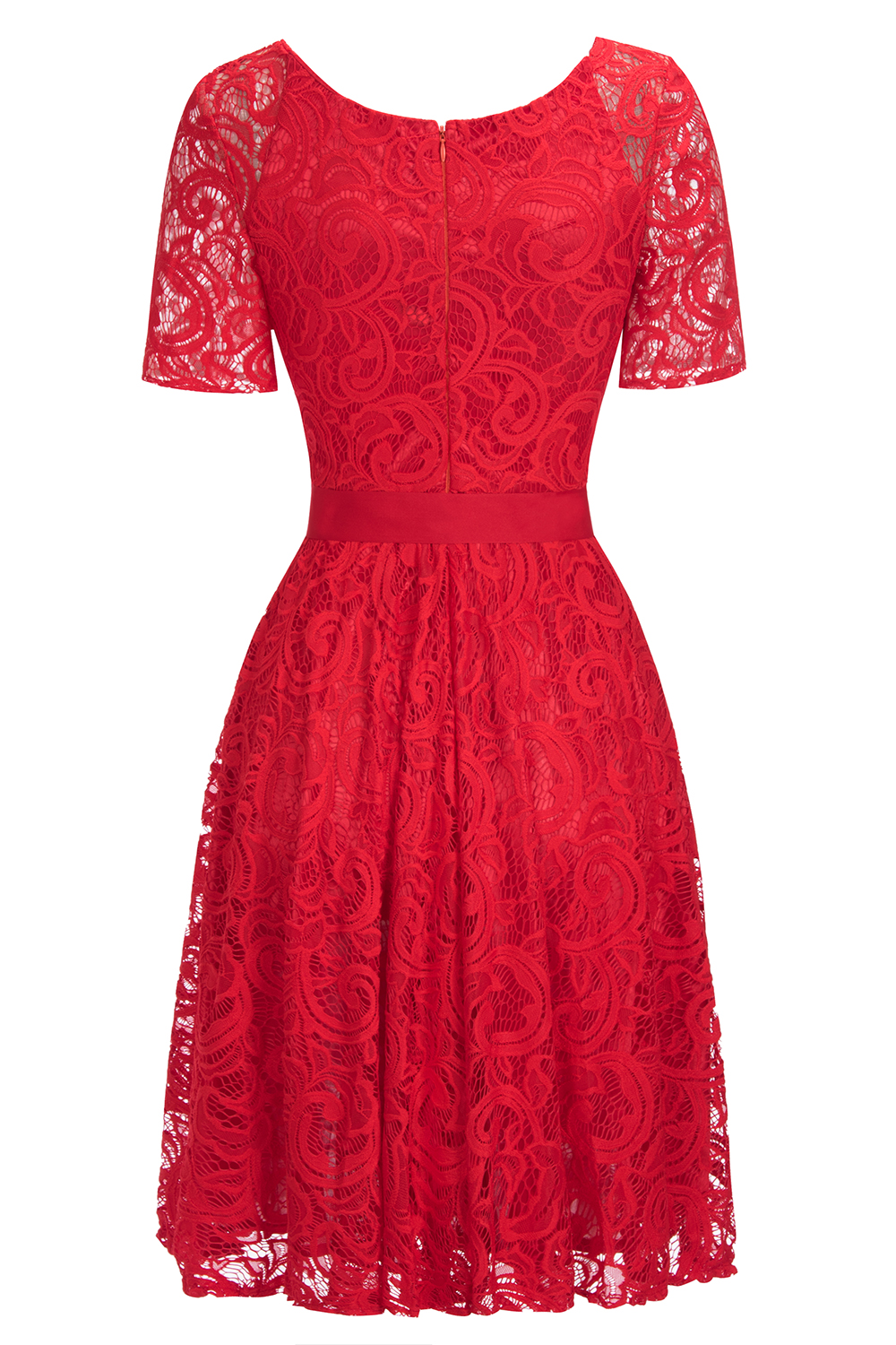 Elegant V-neck Short Sleeves Lace Dresses with Bow Sash-newarrivaldress