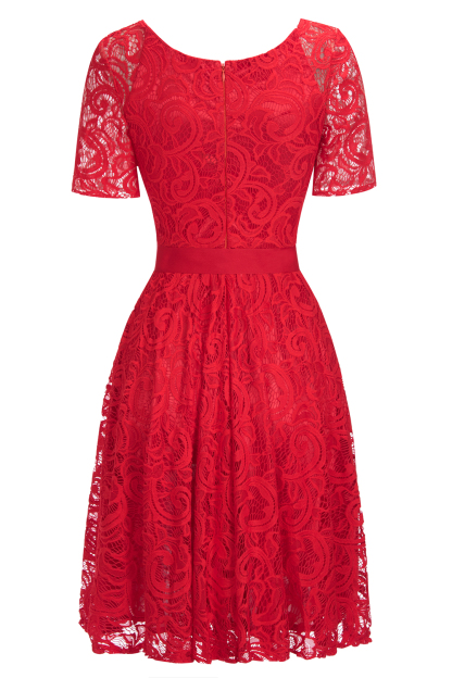 Elegant V-neck Short Sleeves Lace Dresses with Bow Sash-newarrivaldress