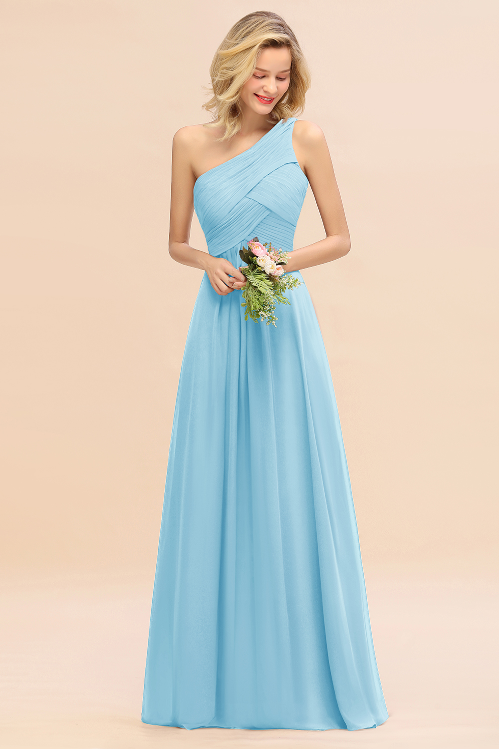 Elegant Ruched Chiffon One Shoulder Bridesmaid Dress Long Sleeveless Evening Dress-newarrivaldress