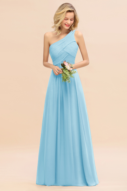 Elegant Ruched Chiffon One Shoulder Bridesmaid Dress Long Sleeveless Evening Dress