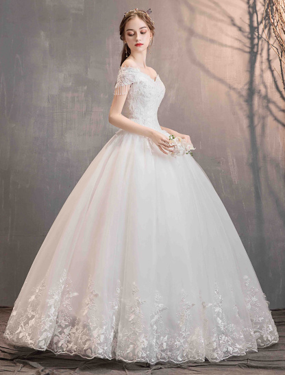 Tulle Wedding Dresses Princess Bridal Gown Off The Shoulder Lace Applique Floor Length Ball Gown Bridal Dress-newarrivaldress