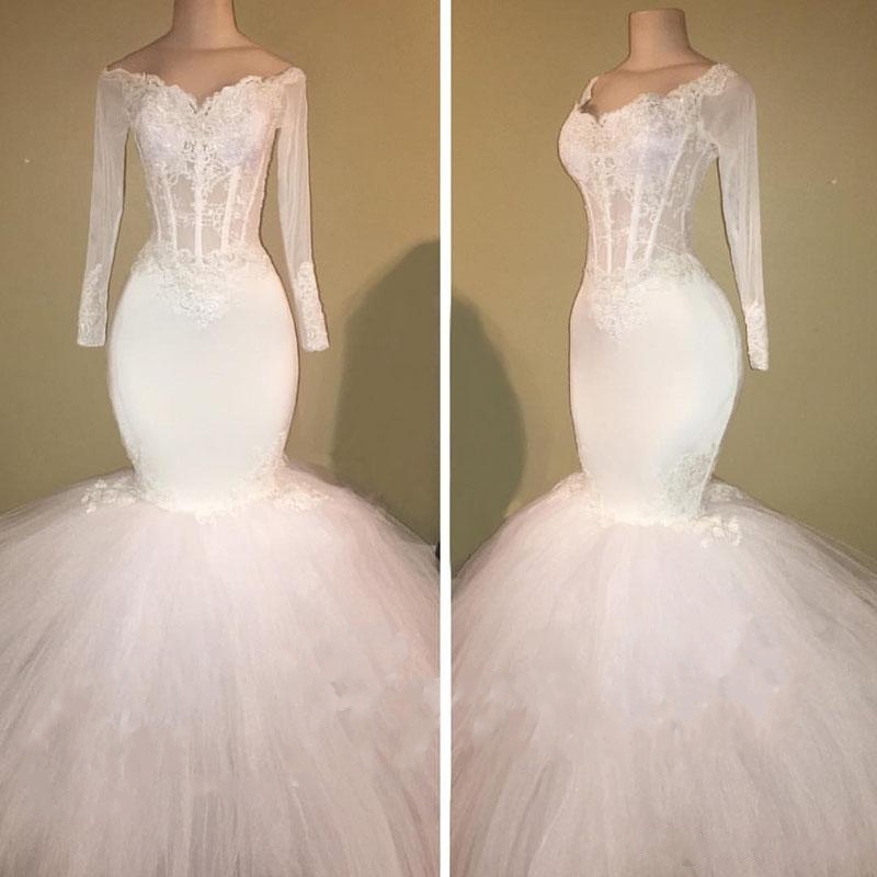 White Mermaid Long Prom Dresses | Off The Shoulder Long Sleeve Bridal Gowns-newarrivaldress