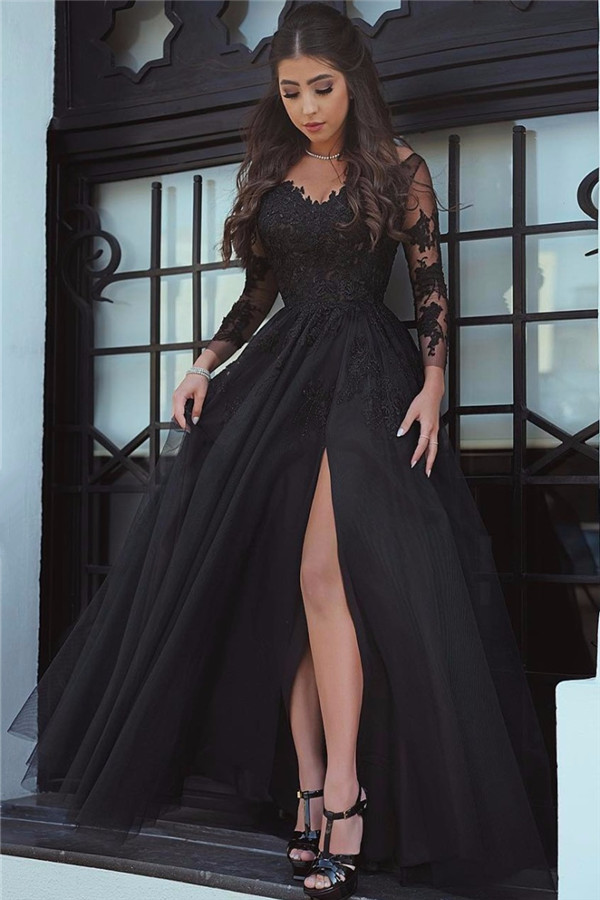 Glamorous Slit Lace Long-Sleeve Black Evening Dress-newarrivaldress