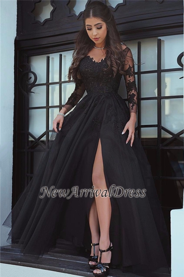 Glamorous Slit Lace Long-Sleeve Black Evening Dress-newarrivaldress