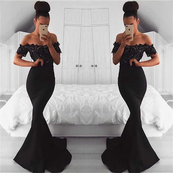 Black Off the Shoulder Lace Mermaid Prom Dresses | Short Sleeves Formal Gowns-newarrivaldress