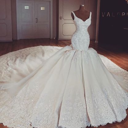 Glamorous Mermaid Puffy Lace Wedding Dresses | 2021 Straps Lace Appliques Sleeveless Bridal Gowns-newarrivaldress