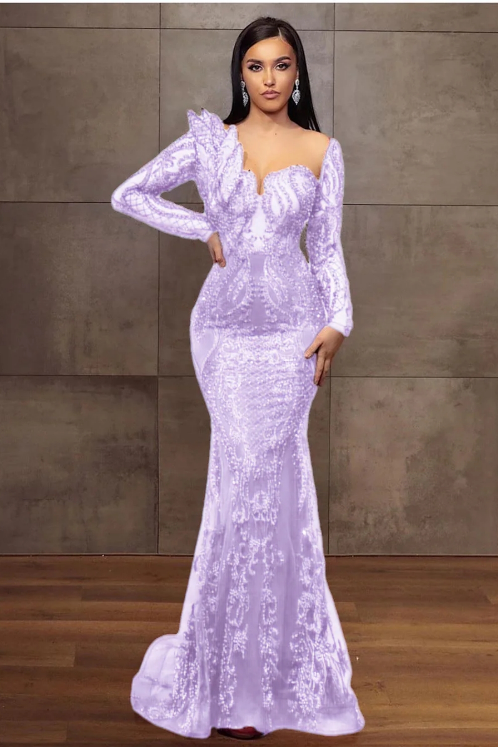 Charming Glitter Burgundy Long Sleeves Mermaid Prom Dress Beadings Evening Dress-newarrivaldress