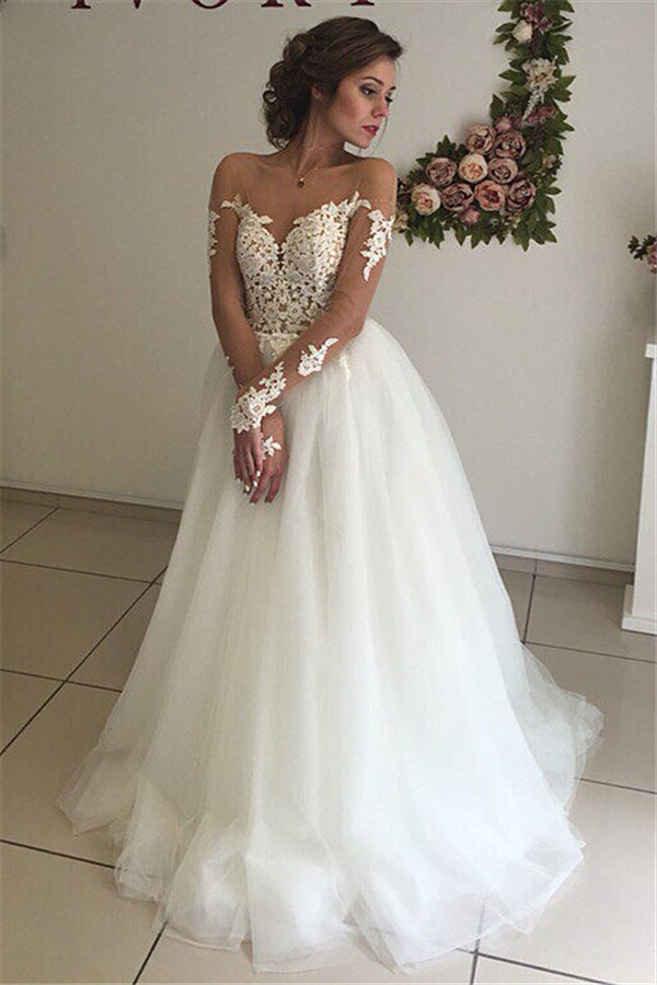 Sexy A-line Long Sleeve Wedding Dresses | Lace Appliques Tulle Bridal Gowns-newarrivaldress