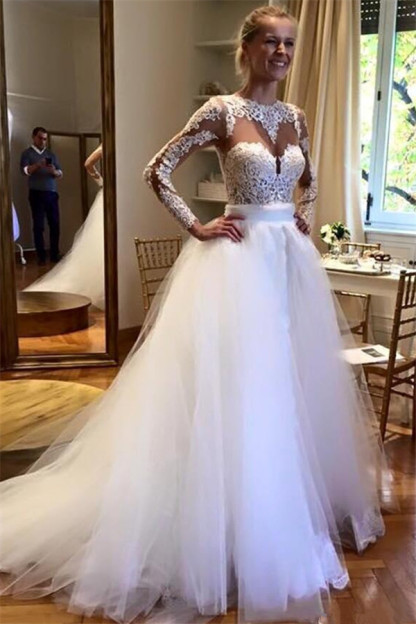 Elegant Appliques Jewel Wedding Dresses Online | Sexy See Through Long Sleeve Bridal Gowns-newarrivaldress