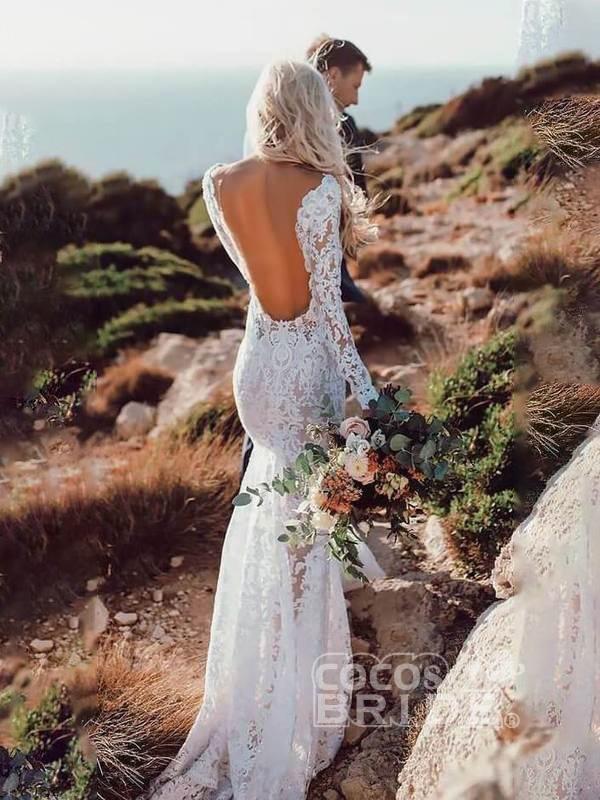 Long Sleeve Floral Lace Backless Mermaid Wedding Dresses-newarrivaldress