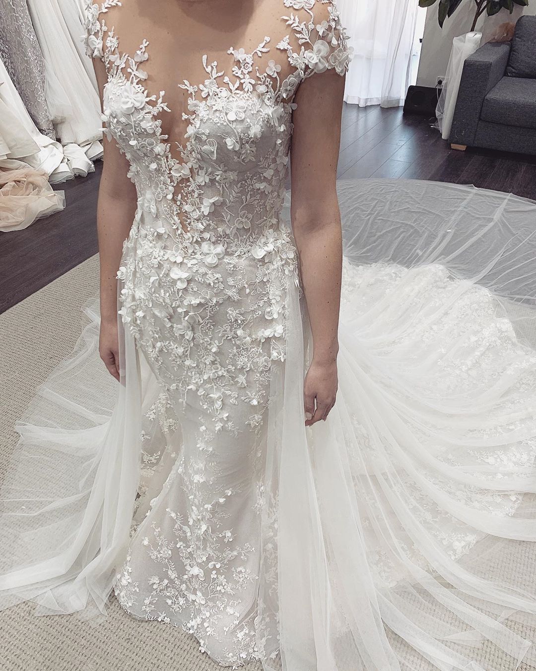 Floral Sheer Tulle Appliques Mermaid Wedding Dresses | Sleeveless Bridal Gowns With Detachable Train-newarrivaldress