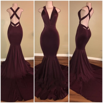 Mermaid Sleeveless Burgundy Prom Dresses | Sexy V-neck Open Back Evening Gowns-newarrivaldress