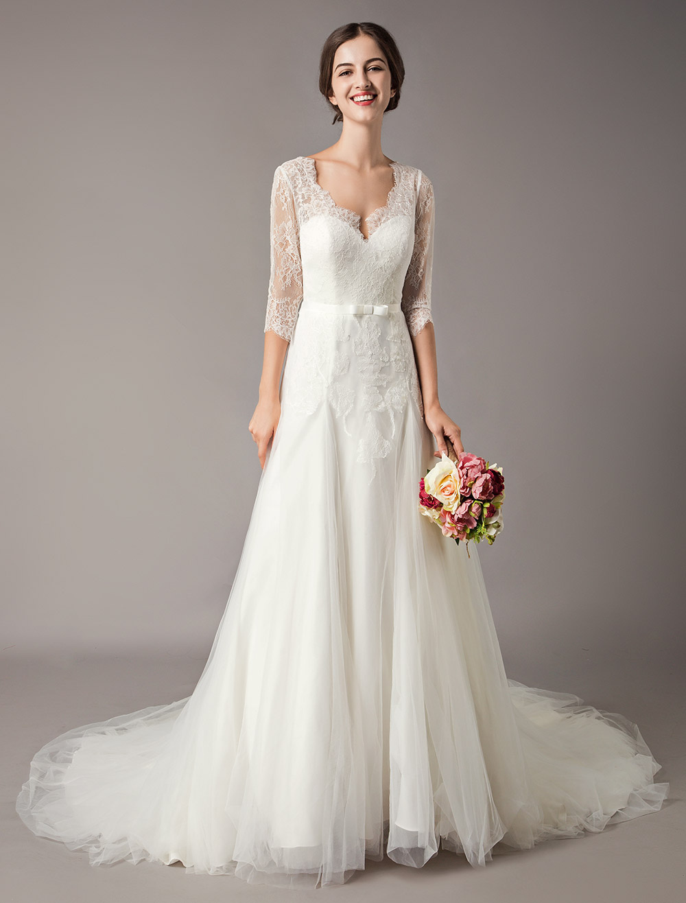 Wedding Dresses A Line Ivory V Neck Lace Tulle Half Sleeve Bridal Dress With Train-newarrivaldress