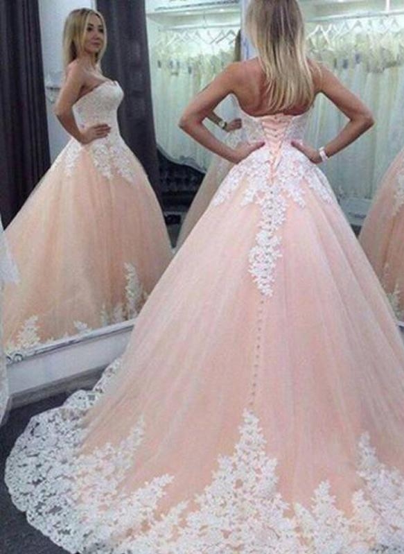 Pink Ball Gown Sweet 16 Dresses | Strapless White Appliques Quinceanera Dress-newarrivaldress