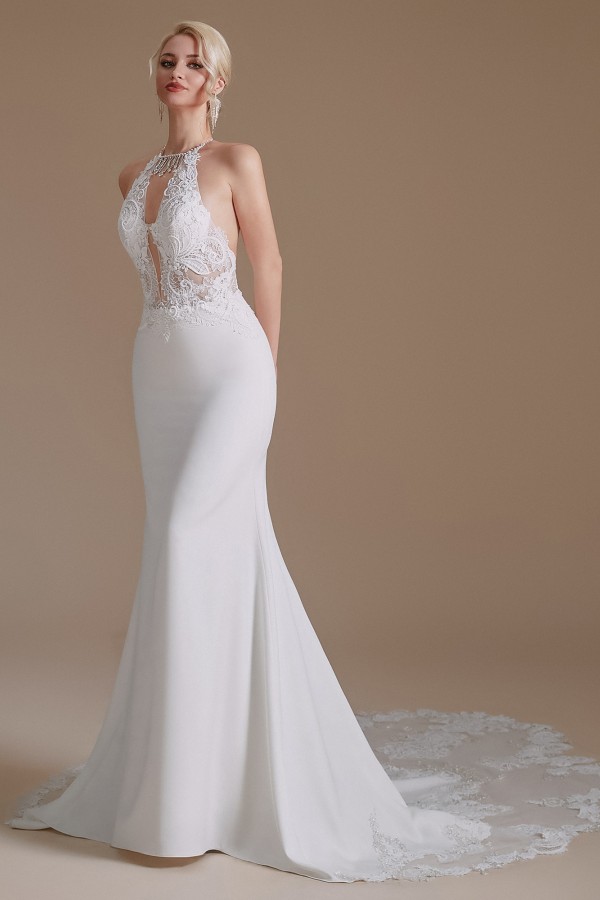 Romantic Halter V-Neck Satin Wedding Dress Floral Lace Mermaid Bridal Gown-newarrivaldress