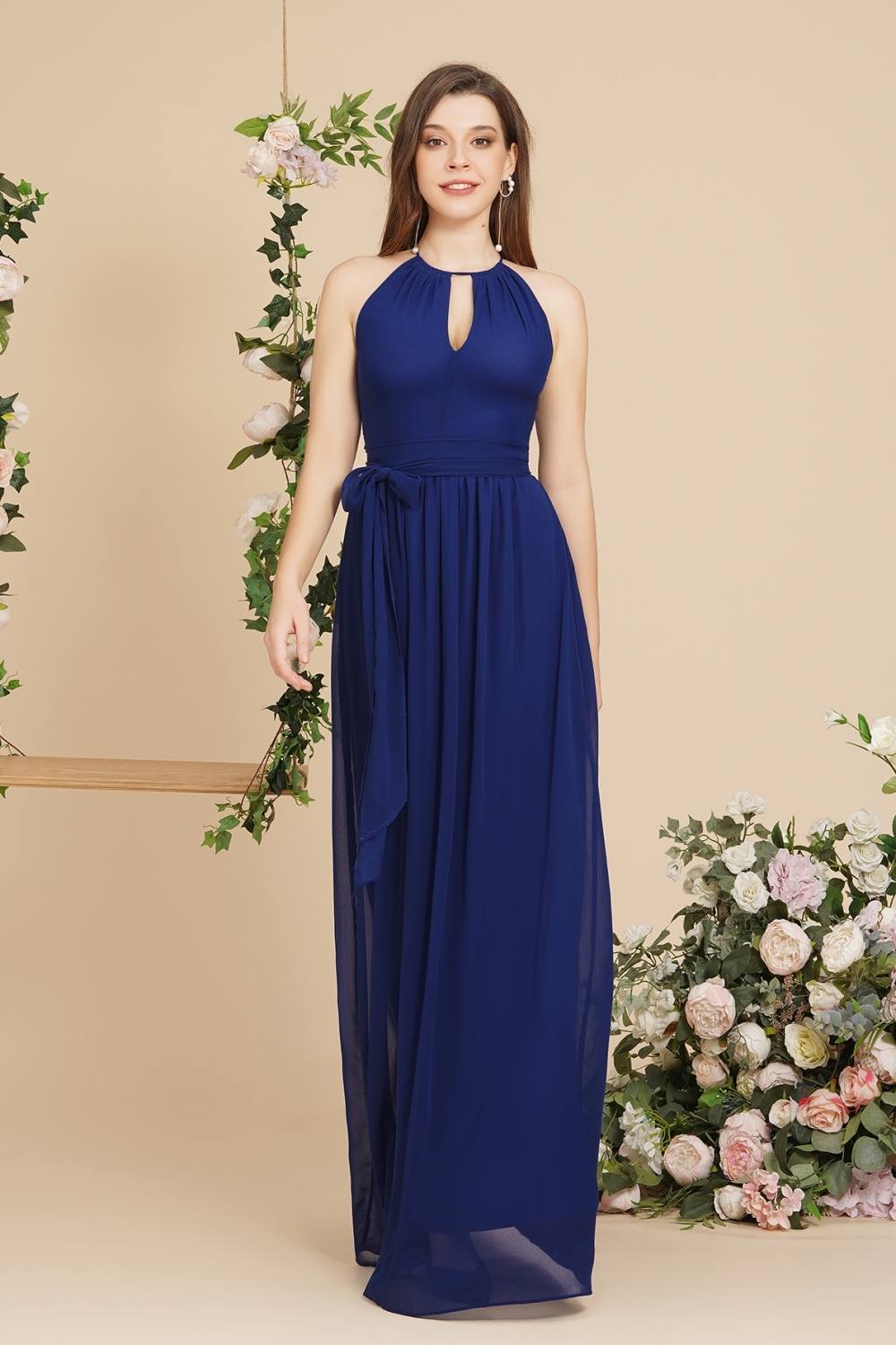 ROSALIND | A-line Halter Floor Length Burgundy Bridesmaid Dresses with Bow Sash-newarrivaldress