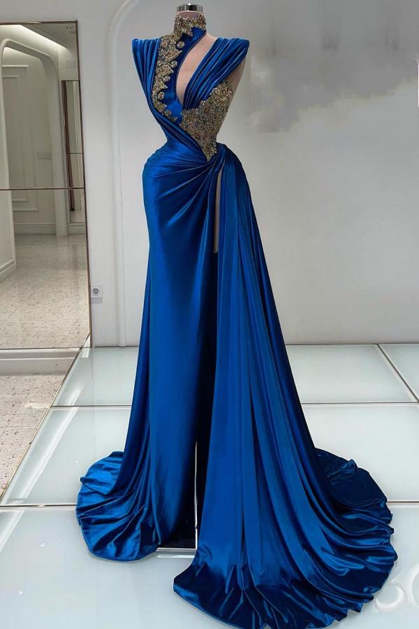 High Neck Royal Blue Ruched Satin A-line Evening Dress with Gold Appliques-newarrivaldress