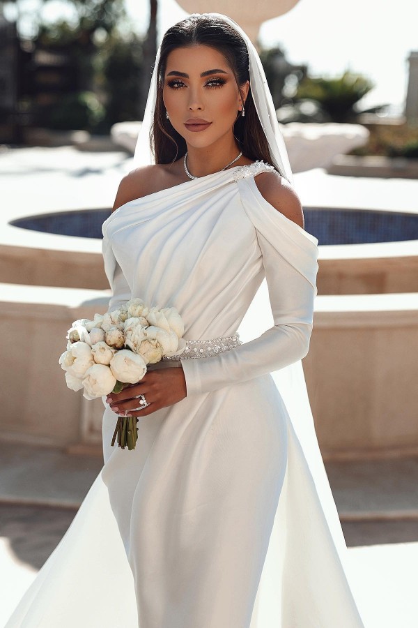 Stylish Asymmetric Shoulders Satin Long Mermaid Wedding Dress with Sweep Train-newarrivaldress