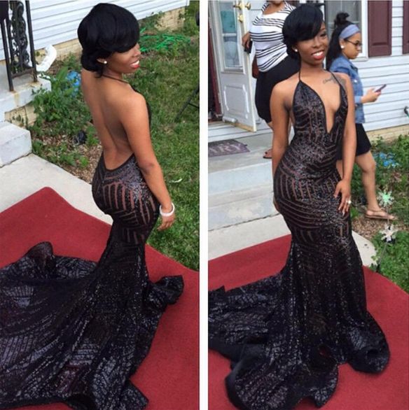 open lace back dress Sexy Black Sparkle Keyhole Mermaid Flowers Cold Shoulder Prom Dresses main image 0