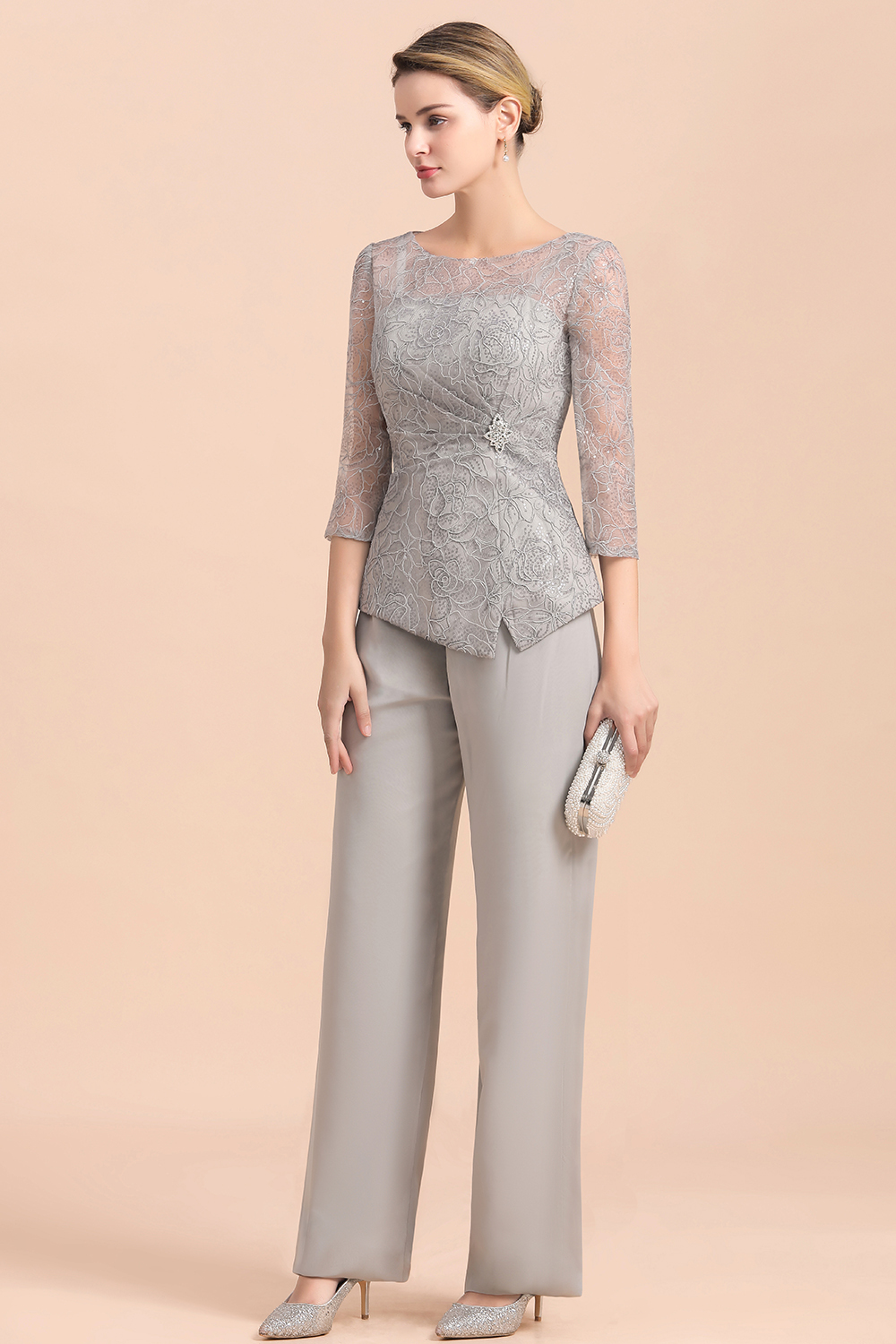 3/4 Sleeves Lace Chiffon Silver Mother of Bride Jumpsuit for Wedding Party-newarrivaldress