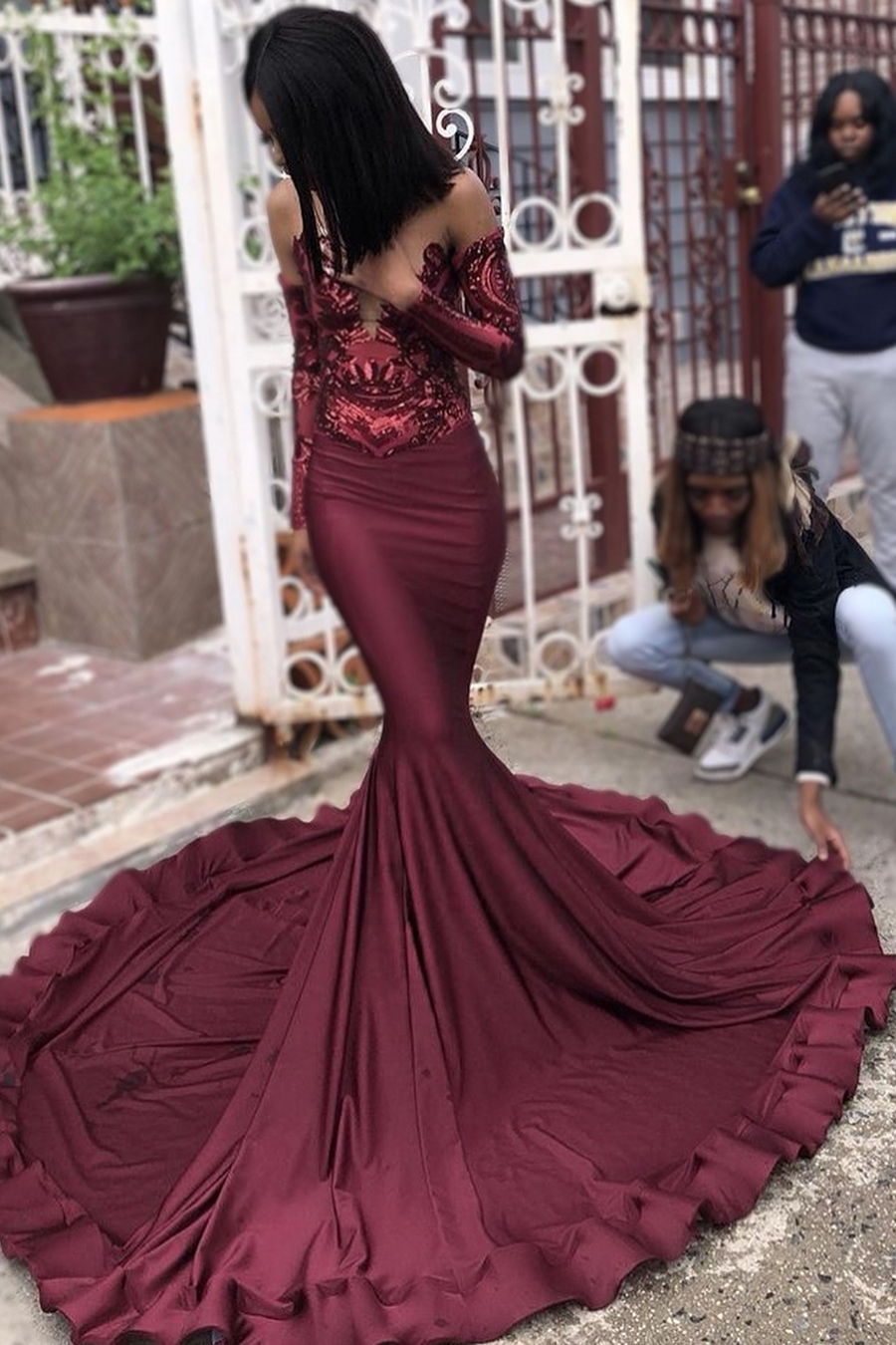 Sexy Burgundy Sequins Mermaid Prom Dresses | Long Sleeves Evening Dresses-newarrivaldress