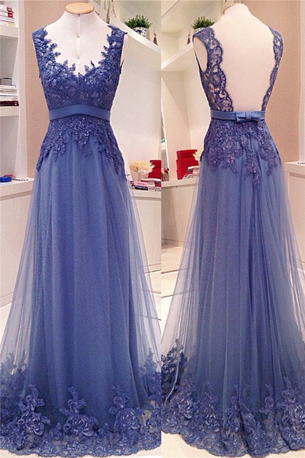 Lace Appliques Open Back Long Prom Dresses Custom Made A-line V neck Sash Bow Formal Evening Gowns-newarrivaldress