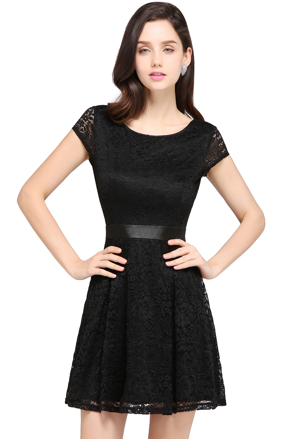 ARMANI | A-line Scoop Black Lace Homecoming Dress with Sash-newarrivaldress