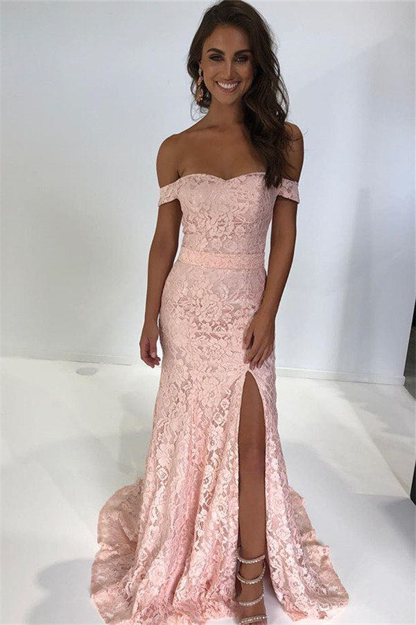 Pink Off-The-Shoulder Lace Side-Slit Mermaid Prom Dresses-newarrivaldress