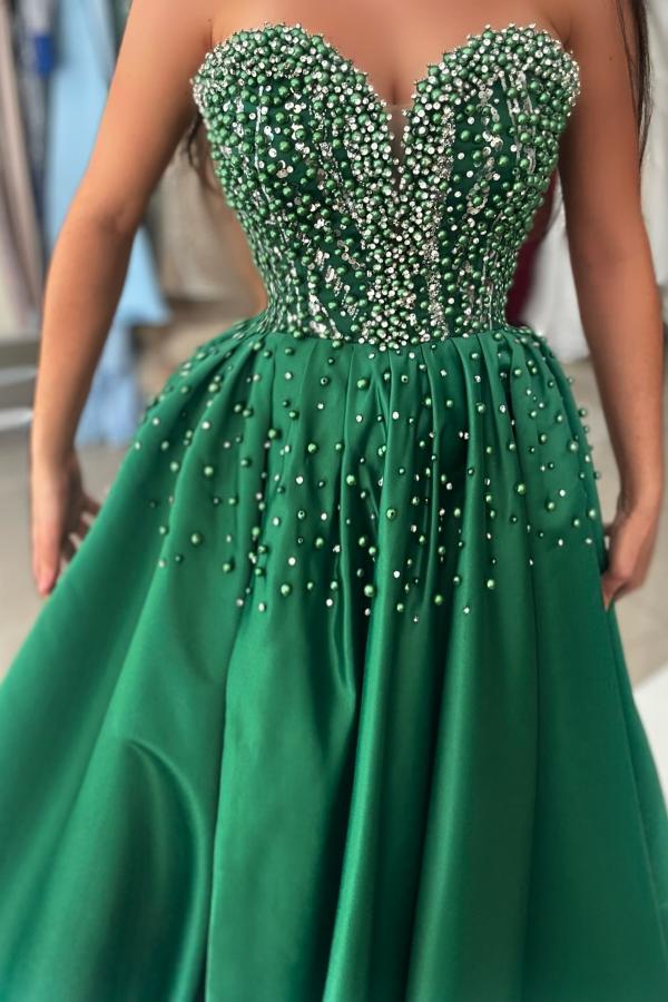 Charming Sweetheart Green Front Split Evening Dress Glitter Strapless Floor Length Satin Aline Special Occasion Dress-newarrivaldress
