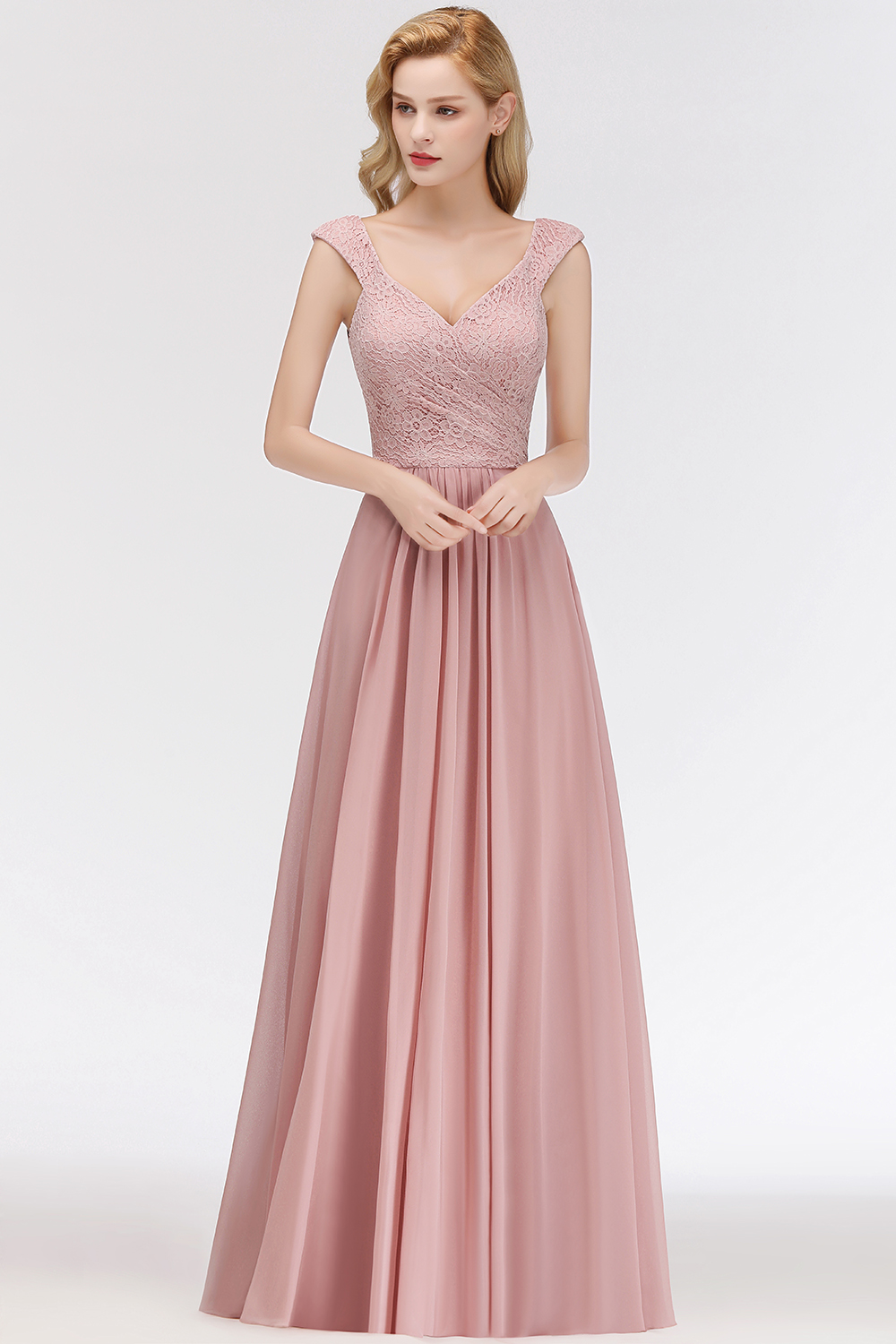 MARIA | A-line Long V-neck Sleeveless Lace Top Chiffon Bridesmaid Dresses-newarrivaldress