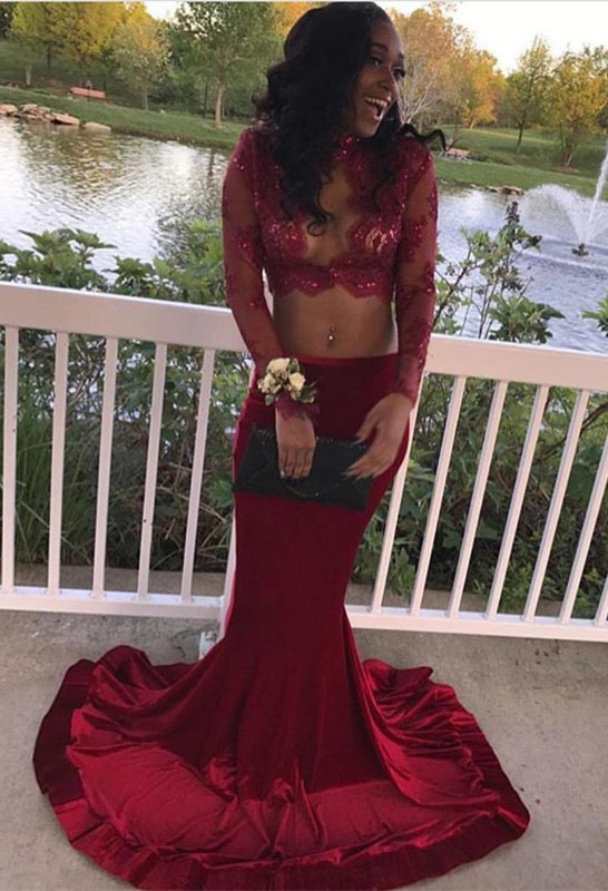 Sexy Two Pieces BurgundyProm Dress Long Sleeve With Lace Appliques Mermaid BA7708-newarrivaldress